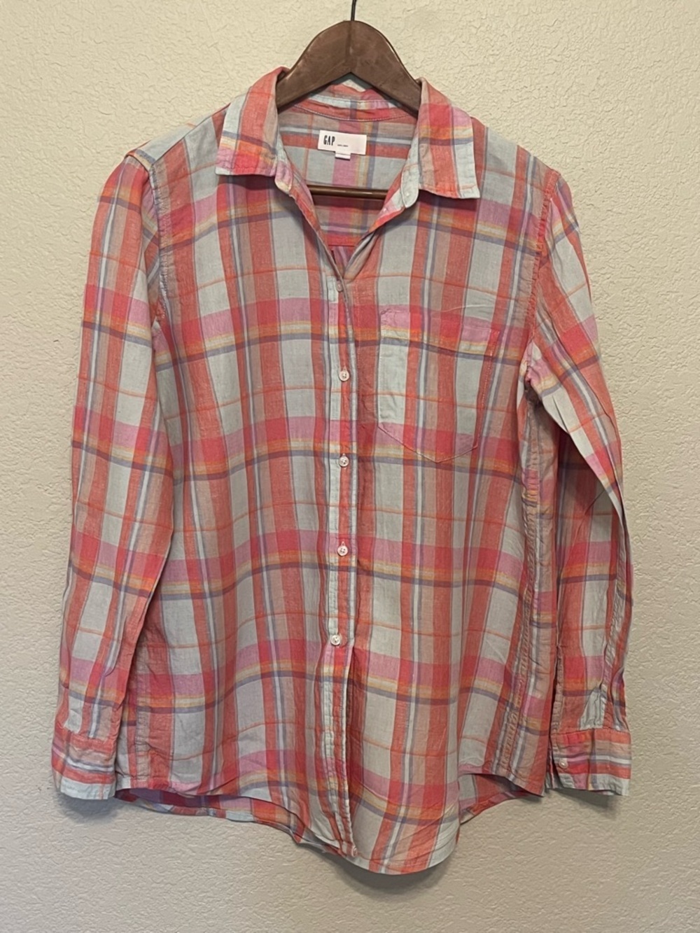 GAP Linen Coral Pink Multi Plaid Long-Sleeve Button-Down Shirt Women's Medium